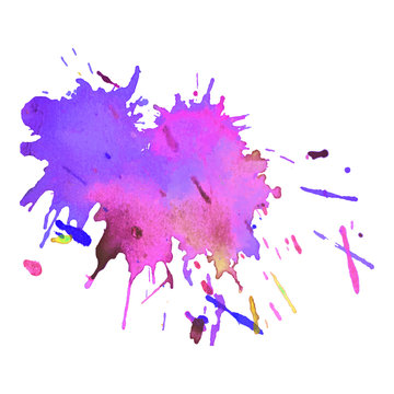 expressive watercolor spot blotch with splashes violet pink color. Banner for text, grunge element for decoration