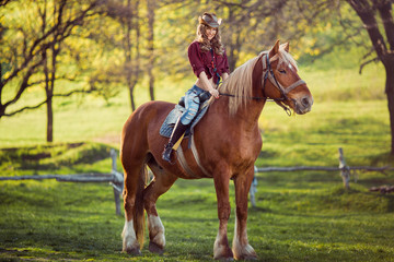 Beautiful girl riding horse on summer field