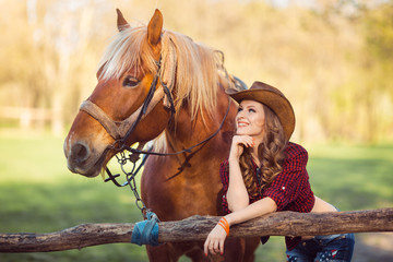 Fototapeta premium Woman and Horse. Wild West Retro Style