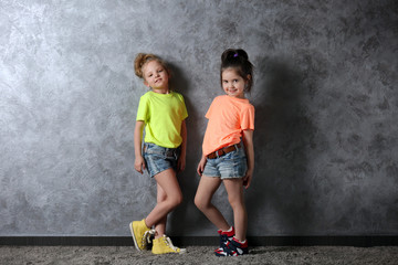 Two stylish little girls on wall background