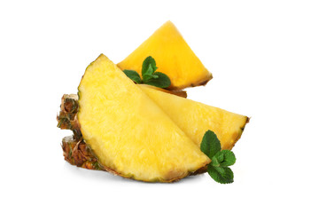 Juicy pineapple slices with fresh mint, isolated on white