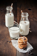 Milk bottles and chocolate chips cookies. Toned image. Selective focus