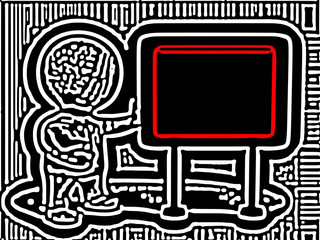 black and white painting of a character presenting a red framed blank board