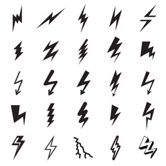 Collection of 25 lightning bolt icons isolated on a white background. Vector illustration