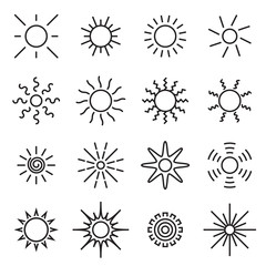 Sun icons. Collection of linear sun icons isolated on a white background. Simple sun symbols. Vector illustration - obrazy, fototapety, plakaty