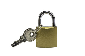 Metal padlock on white background