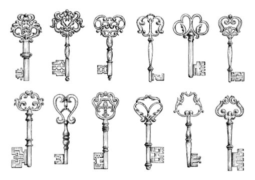 Vintage sketches of antique keys