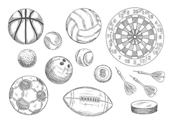 Sketched balls, hockey puck and darts items