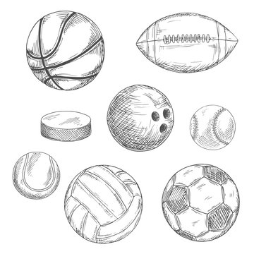 Sport balls and ice hockey puck sketches