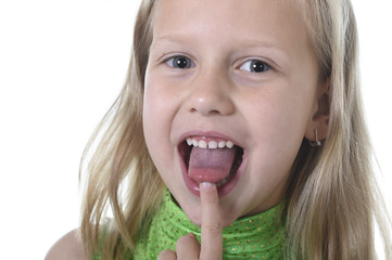 cute little girl pointing her tongue in body parts learning school chart serie