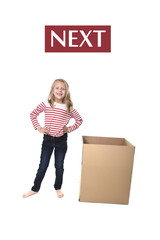 cute and sweet blond hair child standing next to cardboard box learning English card set