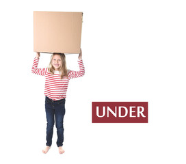 cute and sweet blond hair child standing under cardboard box learning English card set