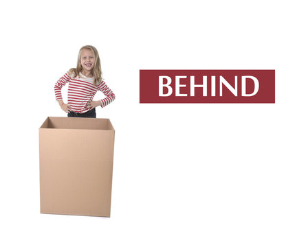 cute and sweet blond hair child standing behind cardboard box learning English card set