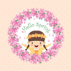 Hello Spring / Little cute girl with wreath of seasonal flowers on polka dot background / Spring vector illustration.