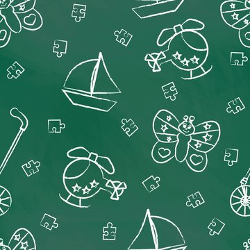 Seamless green pattern with white children's chalk drawings. Hand-drawn style. Seamless vector wallpaper with the image Rolling toys, butterfly, helicopter, boat, puzzle