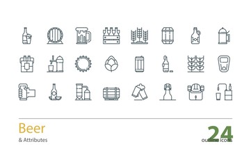 Set of vector outline Beer and Attributes icons. 