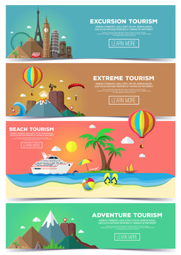 Colorful vector flat banners set. Travel and tourism banner set.