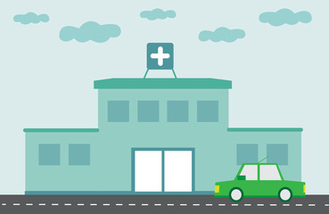 Hospital building with green car flat design retro 