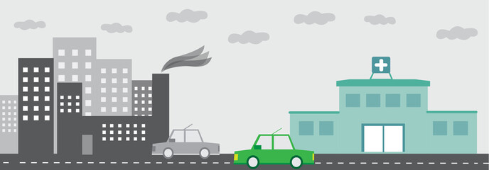 Hospital with factory building with pollution landscape and with green car