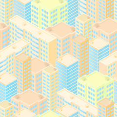 Town in isometric view. Seamless pattern with light colorful rea