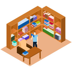 Library isometric. Man reading a book. Comfortable place for rea