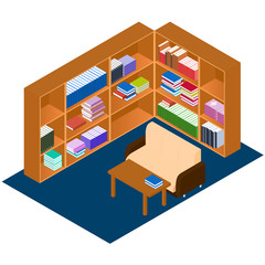 Library isometric. Comfortable place for reading books.