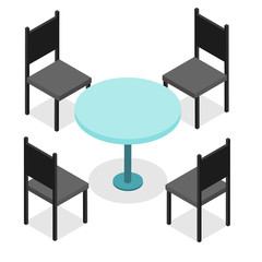 Four black chairs and blue round table. Flat isometric.