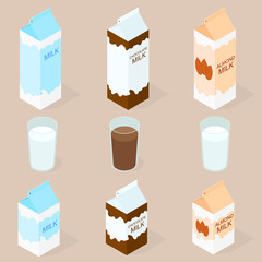 Package of almond milk, chokolate milk and cow milk. The isometr
