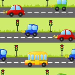 Seamless background with cars, bus and traffic light