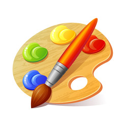 Naklejka premium Palette with paints and brush isolated on white background