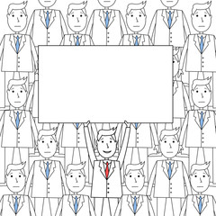 Happy businessman holding up blank placard standing in a homogeneous crowd.