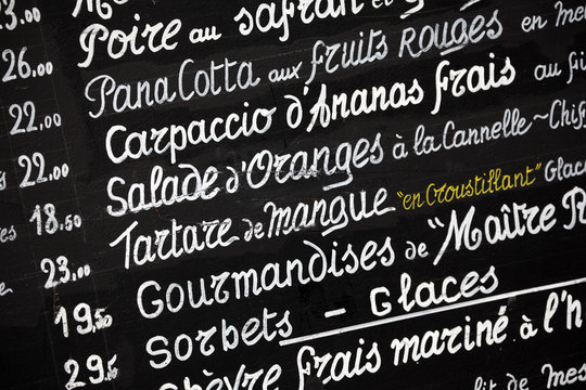 Restaurant Menu Board In Paris France Closeup