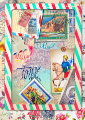 Collage papers with scraps and vintage stamps of Italy