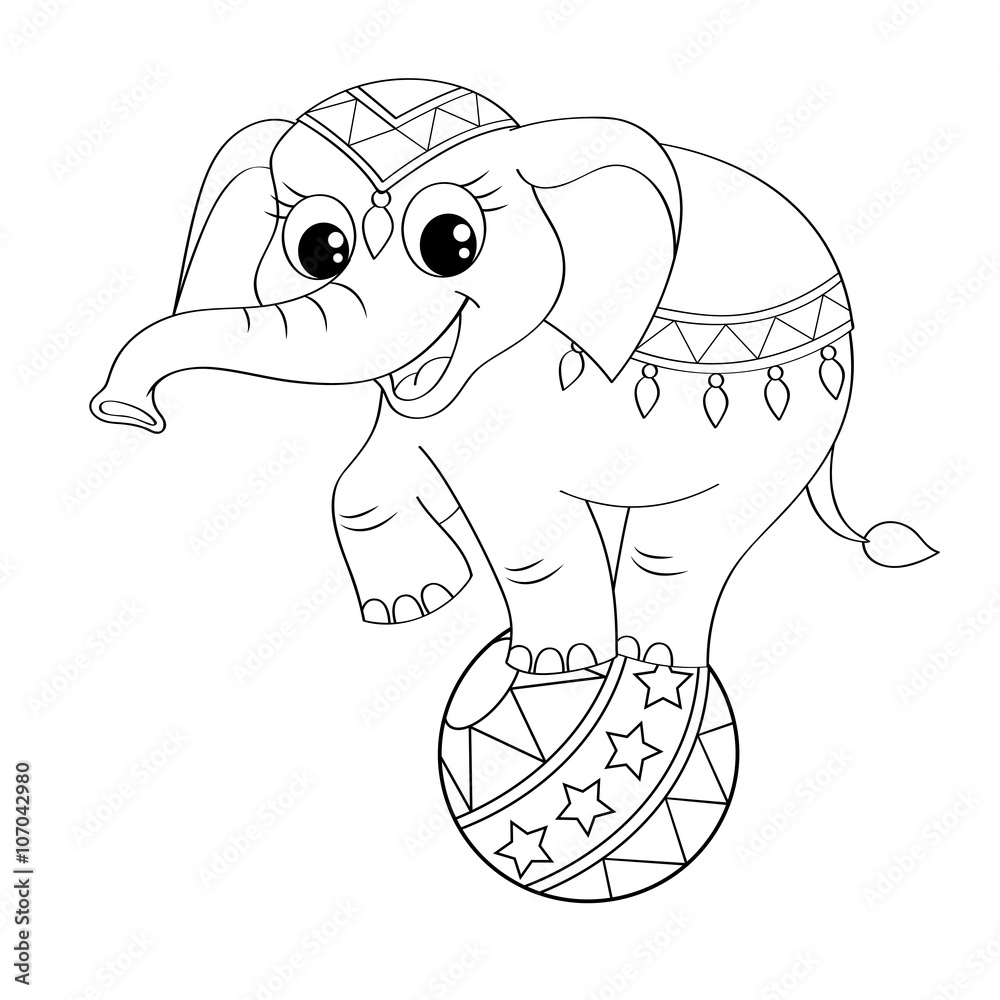 Wall mural funny cartoon circus elephant balancing on ball. black and white vector illustration for coloring bo