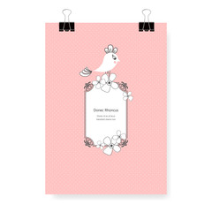 pink vintage spring frame with bird and flowers. Vector