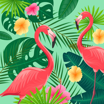 Vector Illustration of an Abstract Background with Tropical Leaves, Flowers and Flamingos