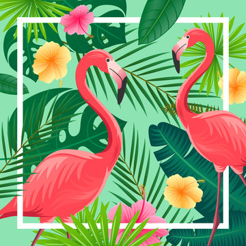 Vector Illustration of an Abstract Background with Tropical Leaves, Flowers and Flamingos