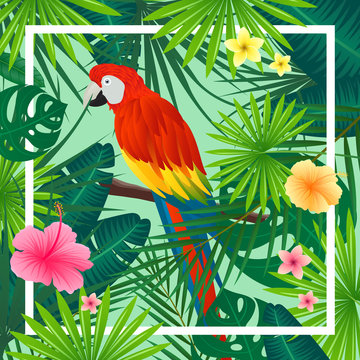 Vector Illustration of an Abstract Background with Tropical Leaves, Flowers and a Parrot
