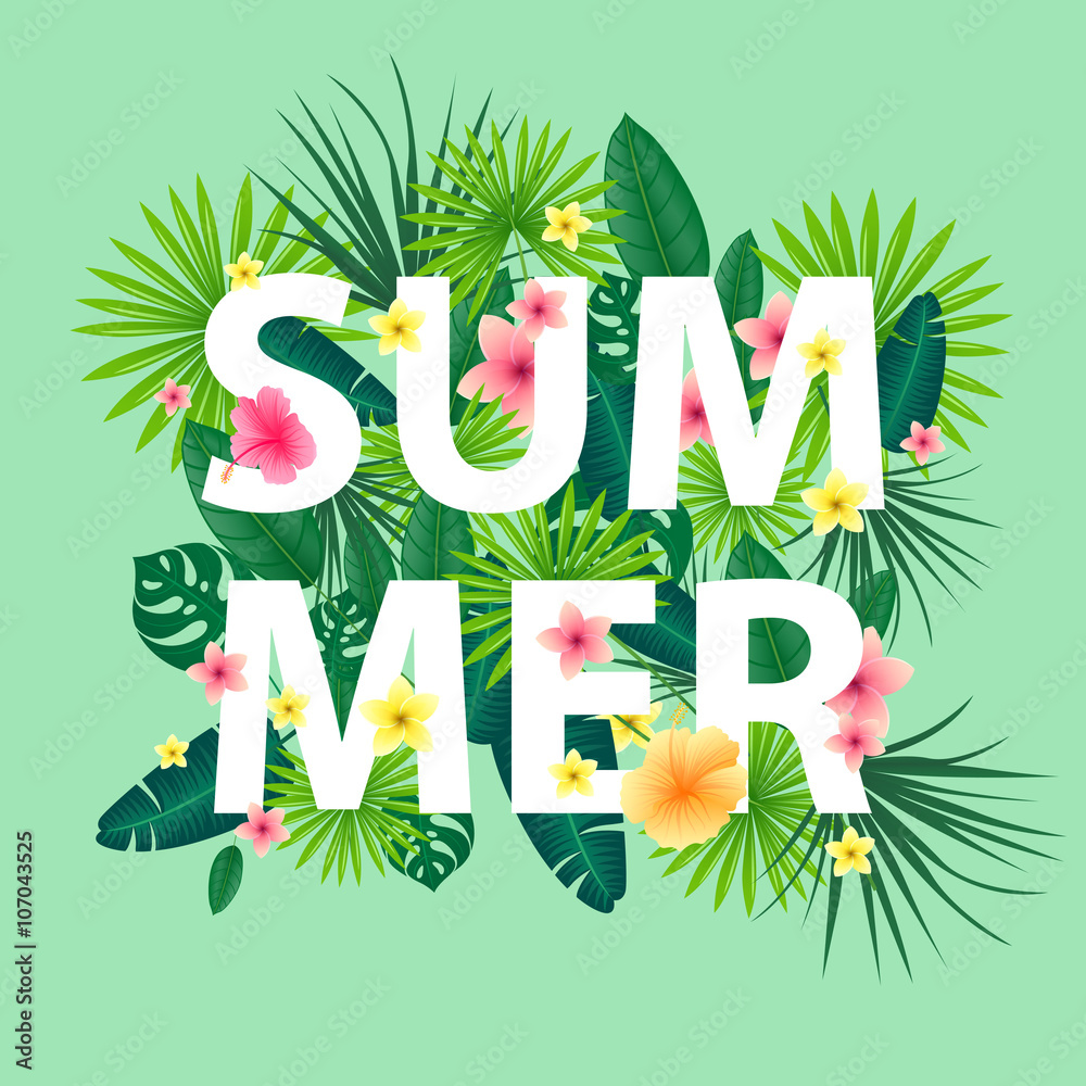 Wall mural vector illustration of an abstract summer background with tropical leaves and flowers