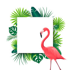 Vector Illustration of an Abstract Background with Tropical Leaves and a Flamingo