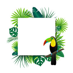 Obraz na płótnie Canvas Vector Illustration of an Abstract Background with Tropical Leaves, Flowers and a Toucan
