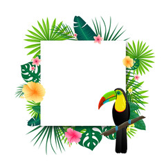 Naklejka premium Vector Illustration of an Abstract Background with Tropical Leaves, Flowers and a Toucan