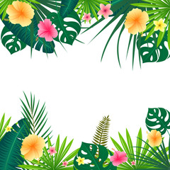 Vector Illustration of an Abstract Background with Tropical Leaves and Flowers