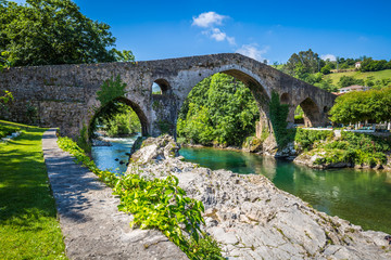 Old Roman stone bridge in Cangas de Onis (Asturias), Spain
