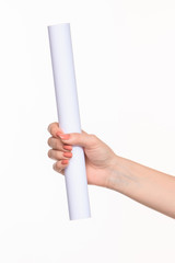 The cylinder female hands on white background