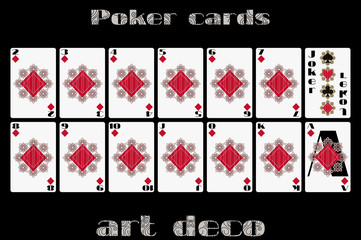Playing cards diamond suit. Poker cards in the art deco style. Vector.
