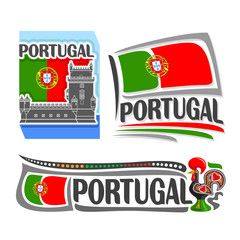 Vector illustration of the logo for Portugal, consisting of 3 isolated illustrations: national flag behind Belem tower, horizontal symbol of Portugal and the flag on background of rooster