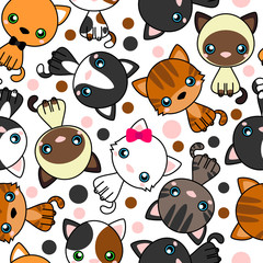 Seamless pattern with  black cat, white cat, grey cat, grey and white cat, brown and black act, brown cat. Vector Illustration Cartoon