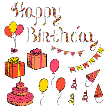 Happy birthday celebration set graphic art color isolated illustration vector