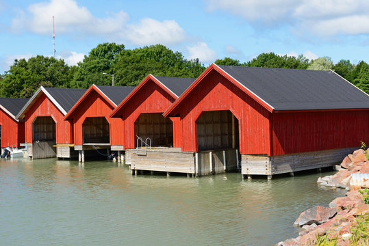 Red boathouses, Aland Islands